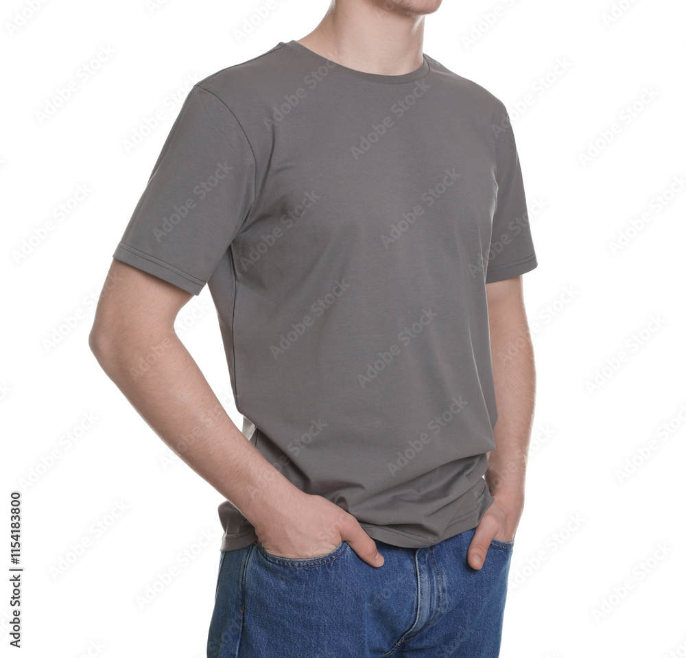 Man in stylish t-shirt on white background, closeup. Mockup for design Man in stylish t-shirt on white background, closeup. Mockup for design