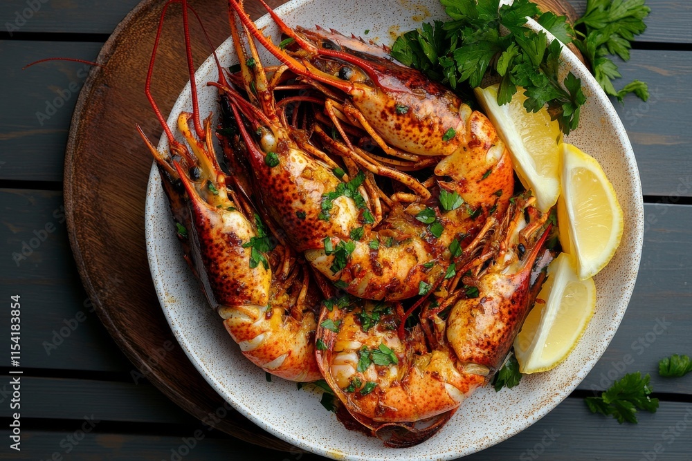 Freshly cooked lobster garnished with herbs and lemon on a rustic wooden table Freshly cooked lobster garnished with herbs and lemon on a rustic wooden table