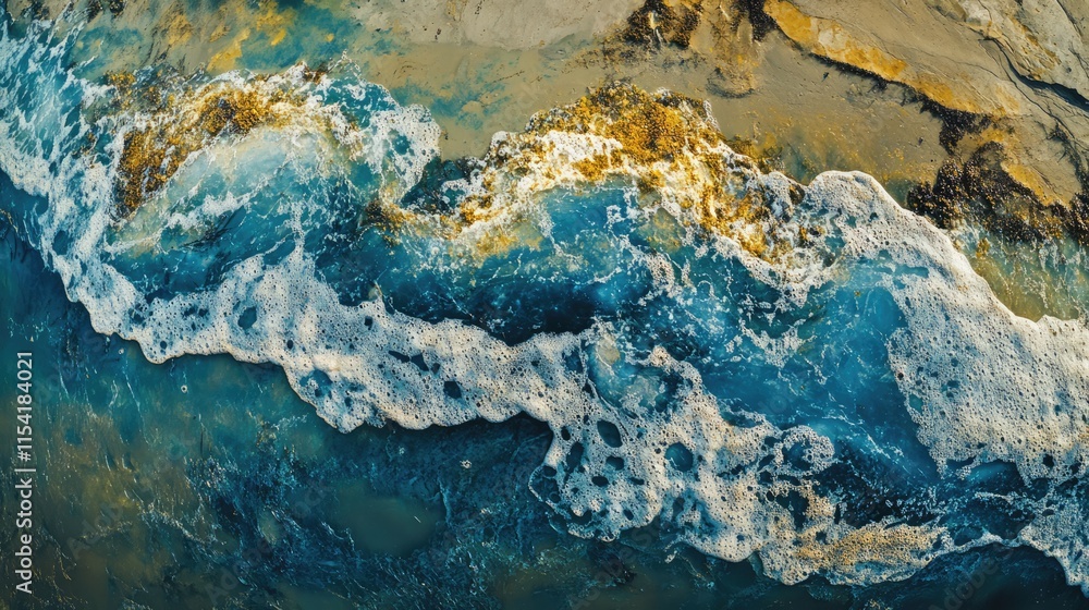 Aerial view of sea waves splashing over a rocky seabed showcasing vibrant blue hues and dynamic patterns in a serene coastal environment Aerial view of sea waves splashing over a rocky seabed showcasing vibrant blue hues and dynamic patterns in a serene coastal environment
