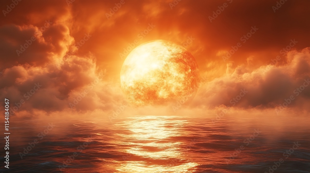 Ocean sunset with vivid orange skies mirrored under dramatic swirling clouds image Ocean sunset with vivid orange skies mirrored under dramatic swirling clouds image