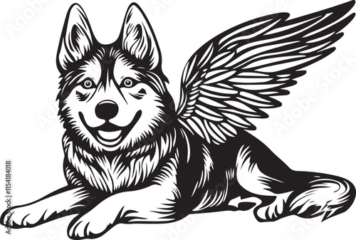 Siberian Husky Lying Down with Angel Wings Stylized Vector Illustration Graphic
