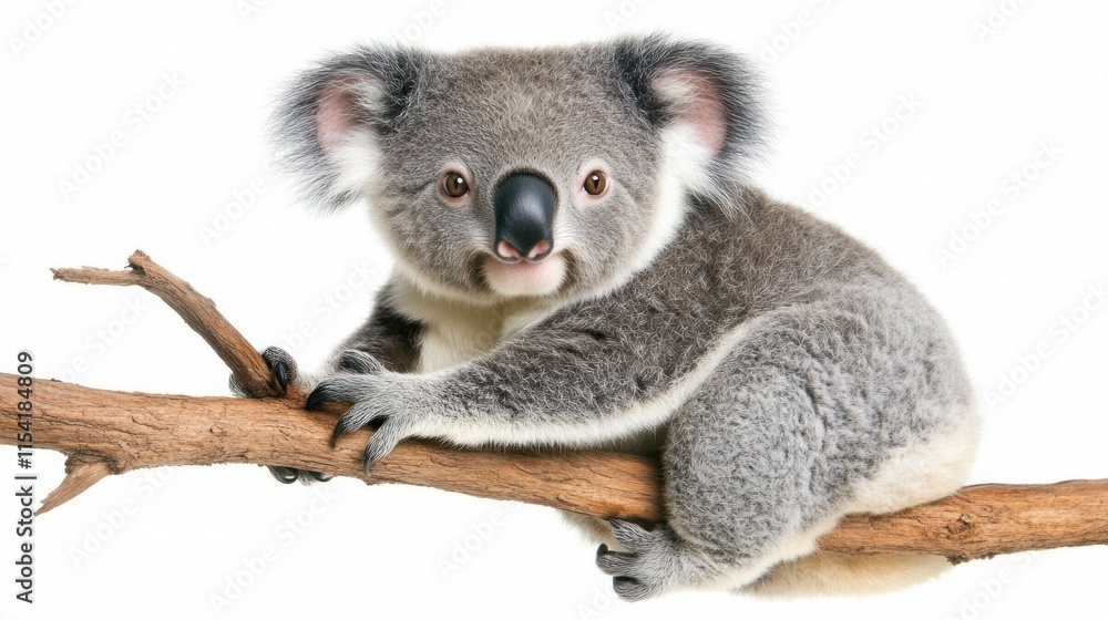 Naklejka premium Cute koala bear sitting on a branch against a white background.