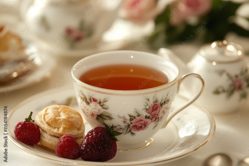 Elegant tea setting with delicate pastries and fresh strawberries in a serene afternoon ambiance Elegant tea setting with delicate pastries and fresh strawberries in a serene afternoon ambiance