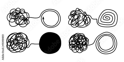 Unraveling line, single thread. Untangling lines set. Abstract tangled disorder line turns into spiral order line. Chaos and order business concept vector illustration isolated on white background.