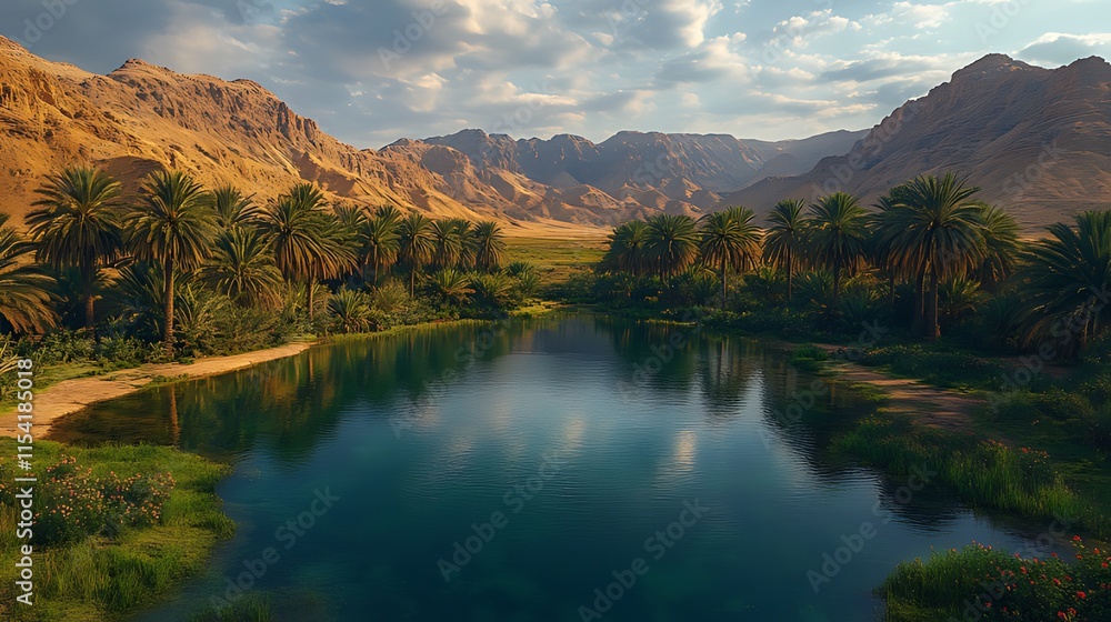 Fototapeta premium Oasis in a mountain valley with palm trees and calm water reflecting the sky.