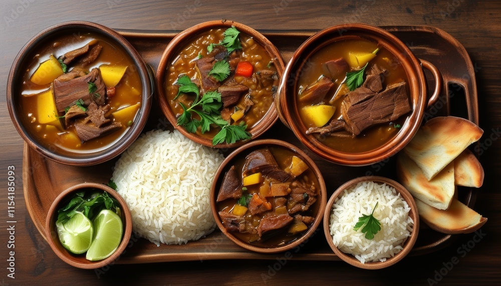 Upscale Brazilian stew platter with rich ingredients and vibrant colors on a wooden table Upscale Brazilian stew platter with rich ingredients and vibrant colors on a wooden table