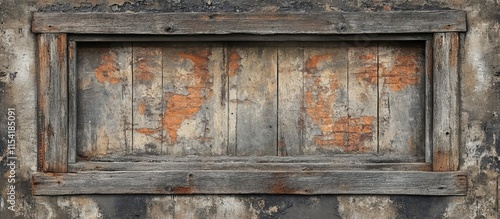 Weathered wooden window frame set in an aged wall showcasing the beauty of forgotten rustic architecture and historic charm photo