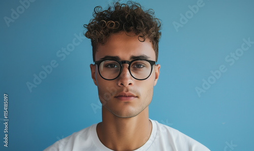 Young mixed man in glasses standing in front of simple blue background. He is IT worker, programmer, smart, student, freelancer, millenial, intellectual. Business, economics, finance, computers.