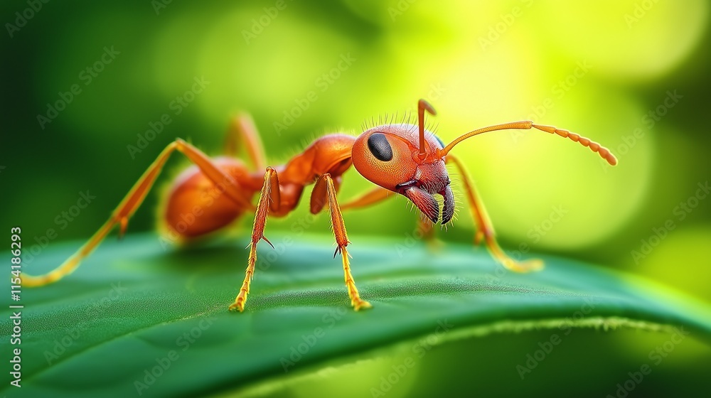 Close-up of an orange ant perched on a green leaf with a blurred green background Close-up of an orange ant perched on a green leaf with a blurred green background