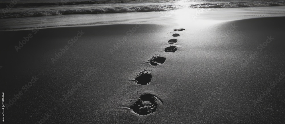 Obraz premium Footprints on the beach leading into the ocean creating a sense of tranquility and exploration in black and white photography
