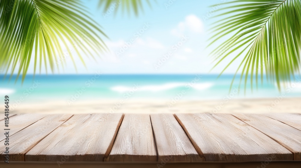 Serene Tropical Beach with Palm Leaves and Wooden Tabletop Background Serene Tropical Beach with Palm Leaves and Wooden Tabletop Background