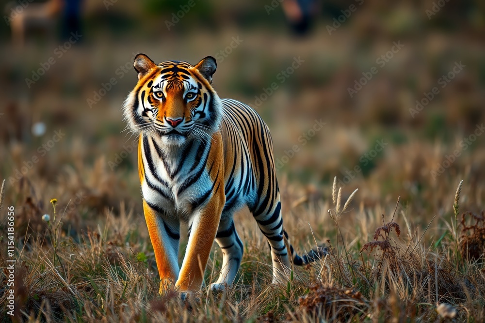 Fototapeta premium there is a tiger walking through a field of tall grass