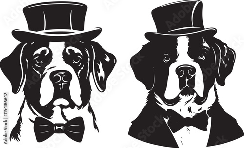 St Bernard Dogs with Top Hat Stencil Vector Illustration Graphic