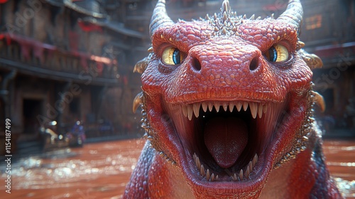 Close-up of a red dragon roaring in a medieval arena. photo