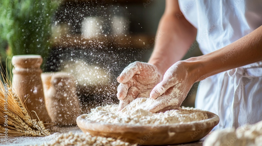 Fototapeta premium Rustic hands kneading dough with flour