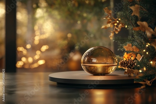 Elegant glass orb centerpiece on a table adorned with festive decorations and warm glowing lights photo