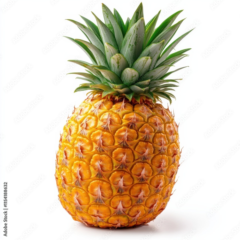 Fototapeta premium Bright and juicy pineapple with green leaves isolated on white background.