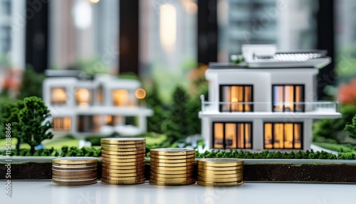 Upscale Real Estate Model with Coins Representing Investment Opportunities in Property Management