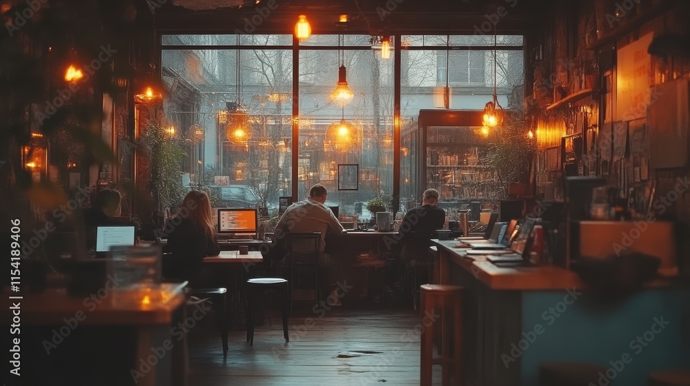 Cozy cafe interior with people working on laptops. Cozy cafe interior with people working on laptops.