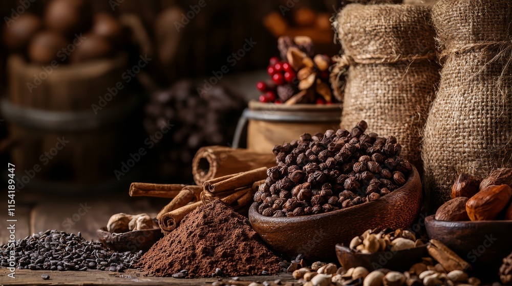 Rustic sacks with coffee beans and spices Rustic sacks with coffee beans and spices