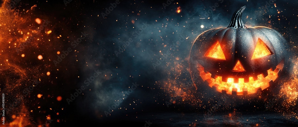 Spooky Halloween Jack-o'-Lantern with Glowing Eyes and Fiery Sparks in Dark Atmosphere Spooky Halloween Jack-o'-Lantern with Glowing Eyes and Fiery Sparks in Dark Atmosphere