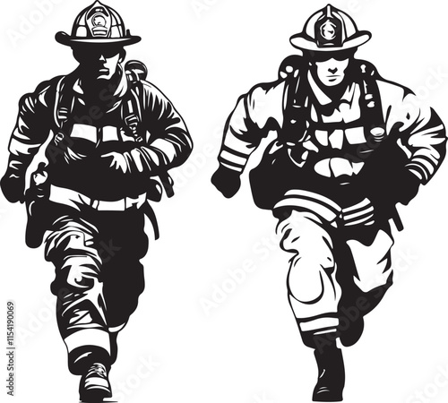 Two Firefighters Running Stylized Silhouette Vector Illustration Graphic