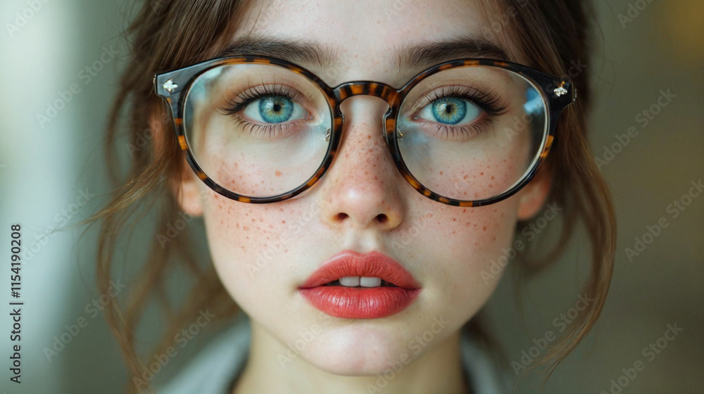 girl funny face with painted freckles and oversized glasses girl funny face with painted freckles and oversized glasses