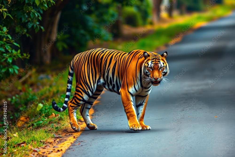 Obraz premium there is a tiger walking down the road in the middle of the forest