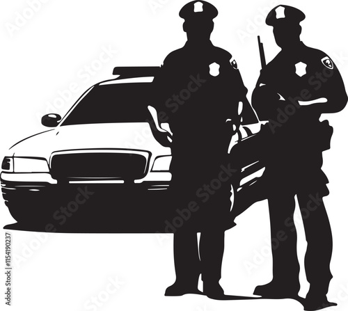 Two Police Officers Standing Near Police Car Silhouette Vector Illustration Graphic