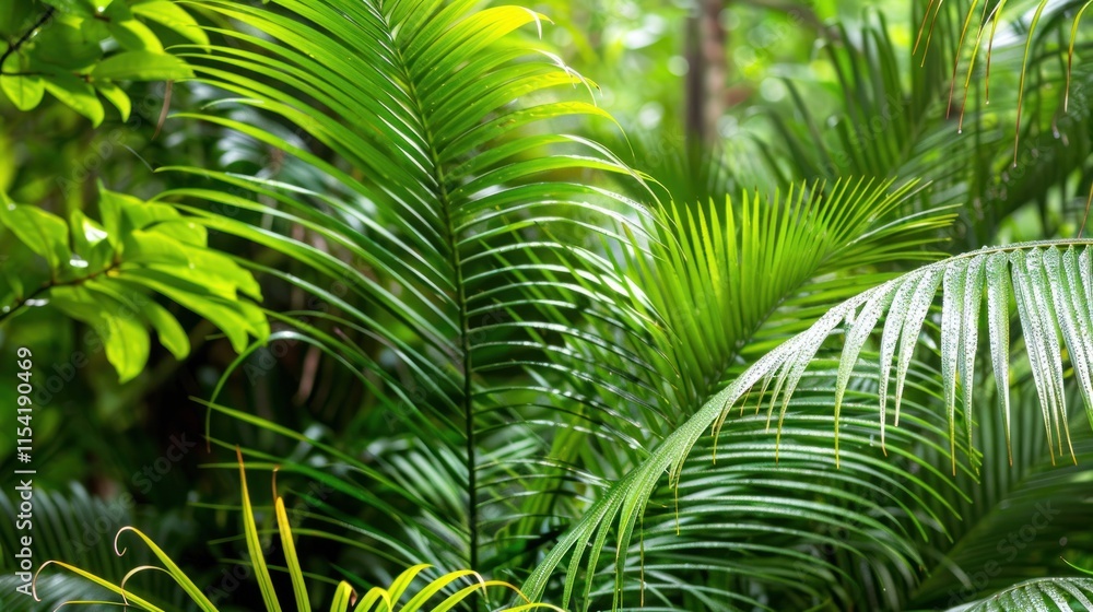 Lush green tropical foliage, vibrant palm leaves. Lush green tropical foliage, vibrant palm leaves.