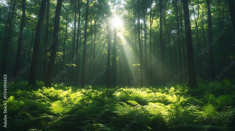 Sunbeams Illuminate Lush Green Forest Ferns and Trees Sunbeams Illuminate Lush Green Forest Ferns and Trees