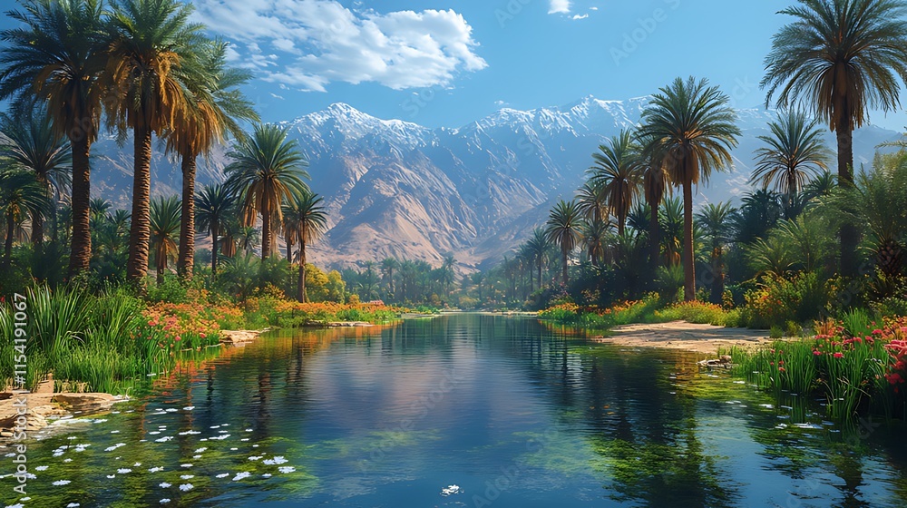 Serene oasis with palm trees, vibrant flowers, and snow-capped mountains reflected in a calm river. Serene oasis with palm trees, vibrant flowers, and snow-capped mountains reflected in a calm river.