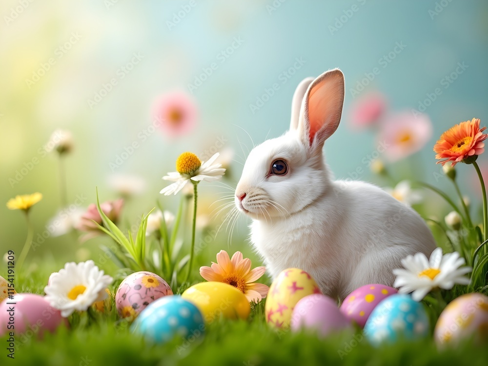 Fototapeta premium White Bunny with Easter Eggs and Flowers Outdoors in Spring