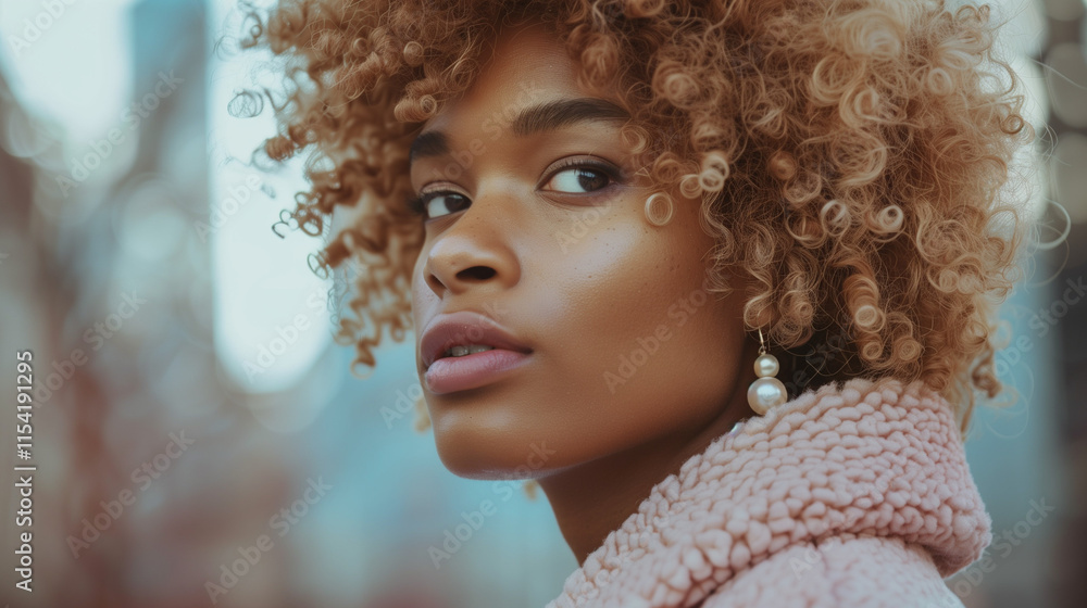 Portrait of a afro american (african) / black / mixed woman with curly blonde hair. Closeup face with makeup. Winter pink coat with sequins. Street of Paris Portrait of a afro american (african) / black / mixed woman with curly blonde hair. Closeup face with makeup. Winter pink coat with sequins. Street of Paris