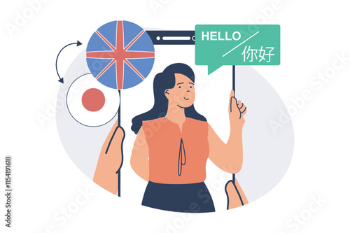 Studying foreign language online web concept with flat cartoon people for website design. Student learning japanese at online course with teacher at mobile app, talks with native. Vector illustration.