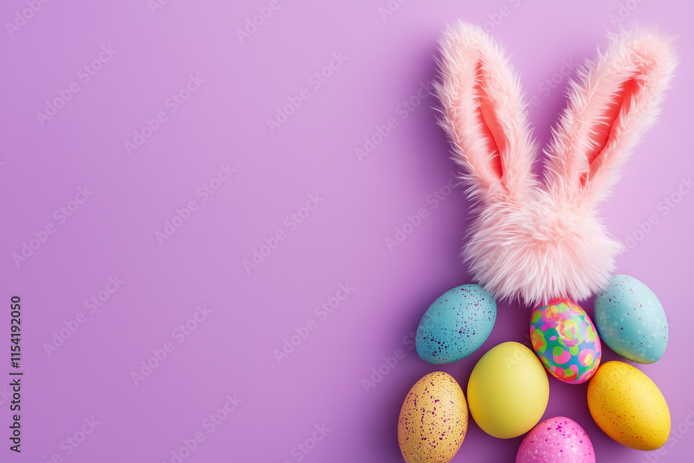 Easter Bunny Ears and Colorful Eggs on Lilac Background Perfect for Holiday and Spring Vibes