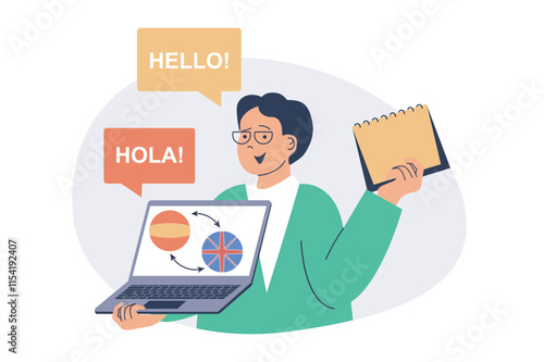 Studying foreign language online web concept with flat cartoon people for website design. Man learning english and spanish with video course, doing lesson trainings at laptop. Vector illustration.