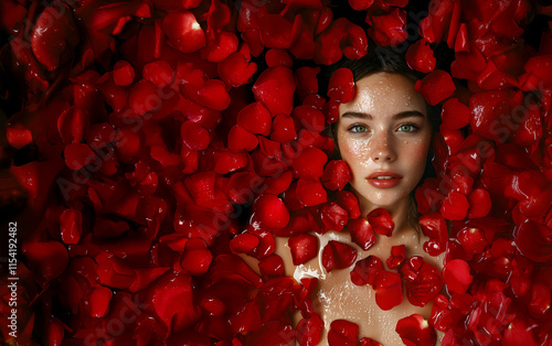 Fashion Concept. Natural skin woman wet drench with red petals surrounding her sensual body. illuminated with light. sensual, mysterious, advertisement, magazine, copy text space. long banner