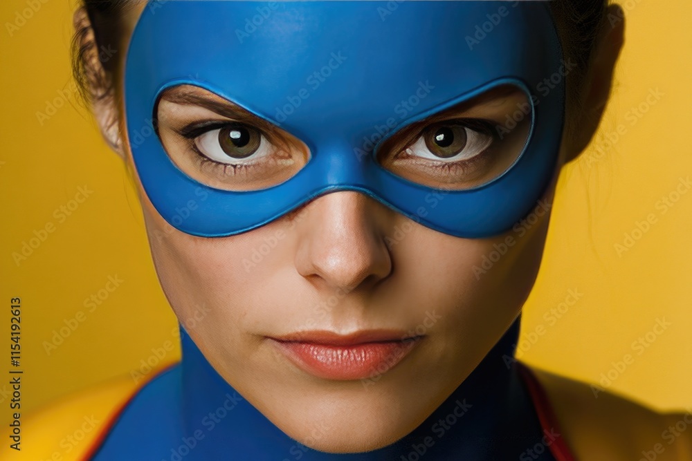 Blue-Masked Heroine with Intense Gaze on Yellow Background for Stock Photography Blue-Masked Heroine with Intense Gaze on Yellow Background for Stock Photography
