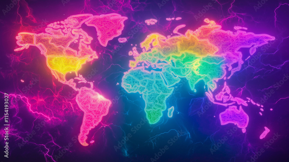 Obraz premium neon light world map