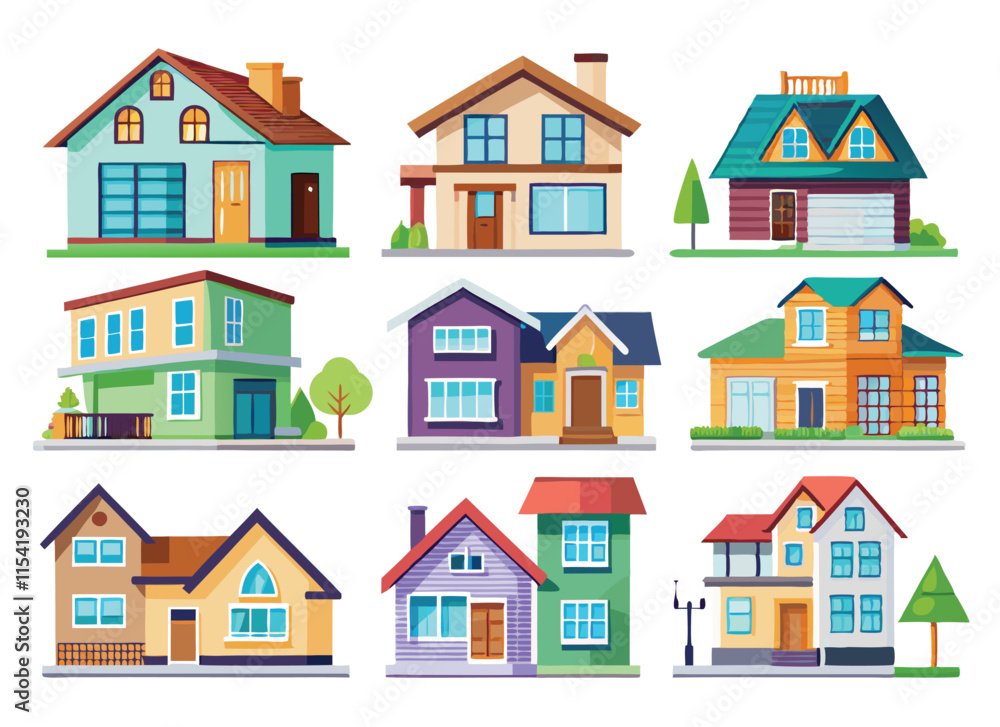 Suburban and Neighborhood Property Vector Collection with Modern House Icons
Suburban and Neighborhood Property Vector Collection with Modern House Icons