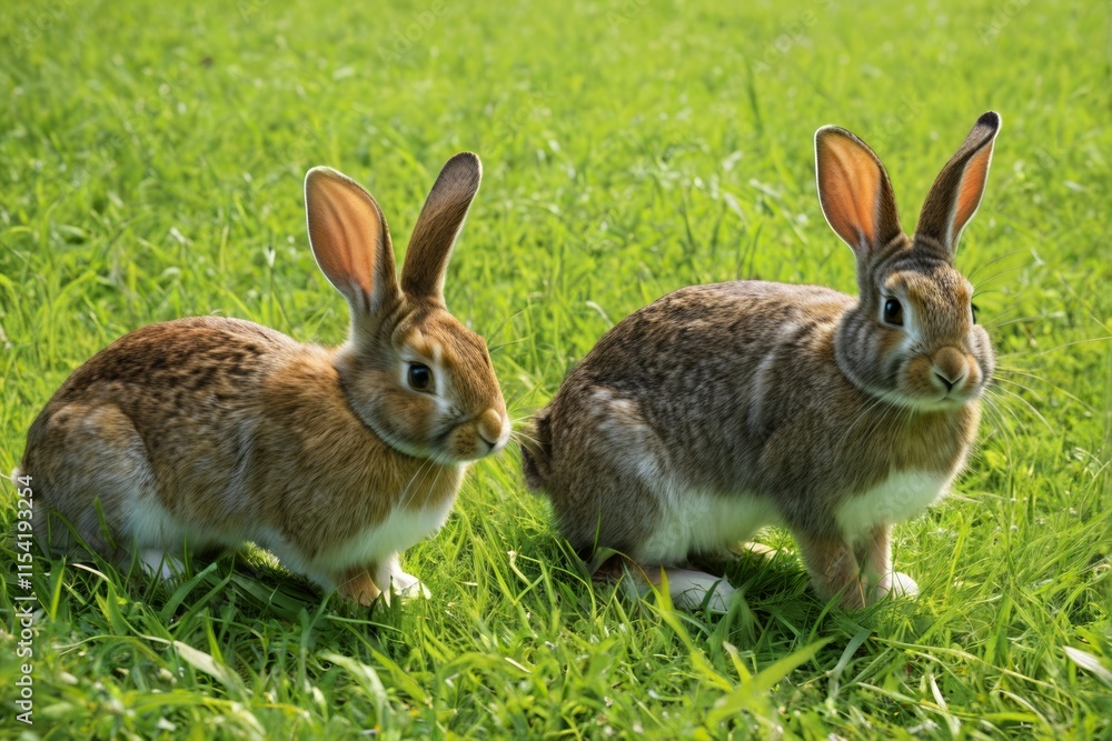 two rabbits are sitting in the grass with their ears up two rabbits are sitting in the grass with their ears up