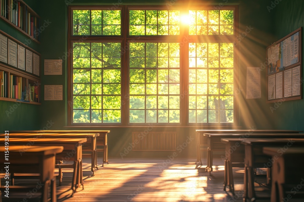 A sunlit classroom filled with wooden desks and vibrant greenery outside. A sunlit classroom filled with wooden desks and vibrant greenery outside.