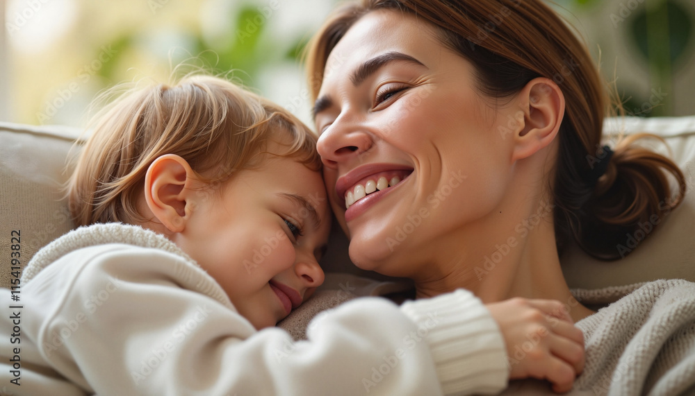 Joyful mother and baby sharing a loving hug on a cozy couch indoors Joyful mother and baby sharing a loving hug on a cozy couch indoors