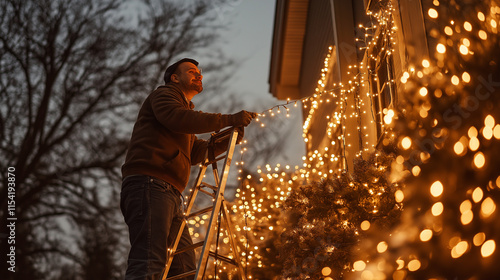 A man on a ladder is putting up Christmas lights on the eaves of a house. Festive holiday decoration generative AI