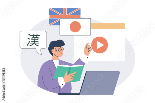 Studying foreign language online web concept with flat cartoon people for website design. Man learning japanese with internet course, watching video at laptop and reading books. Vector illustration.