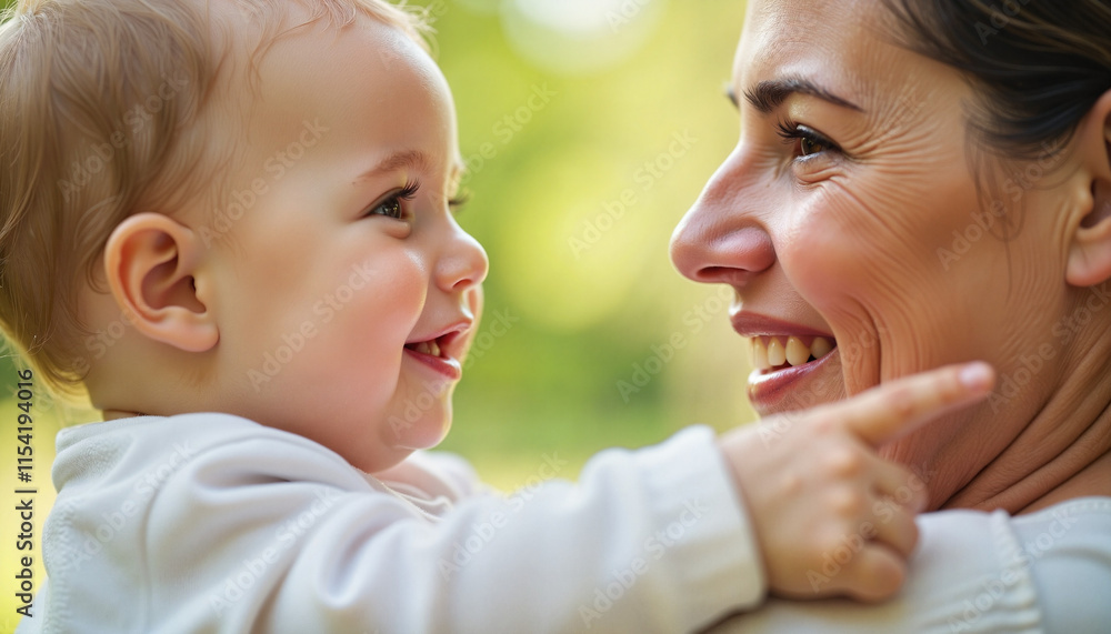 Mother and baby sharing joyful interaction and smiles outdoors Mother and baby sharing joyful interaction and smiles outdoors