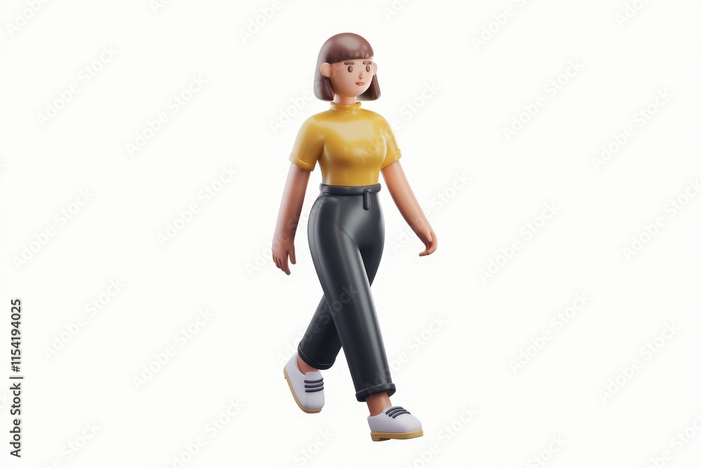 A 3D rendered cartoon woman with short brown hair walks in black pants and a yellow shirt. A 3D rendered cartoon woman with short brown hair walks in black pants and a yellow shirt.