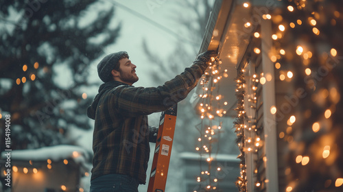 A man on a ladder is putting up Christmas lights on the eaves of a house. Festive holiday decoration generative AI