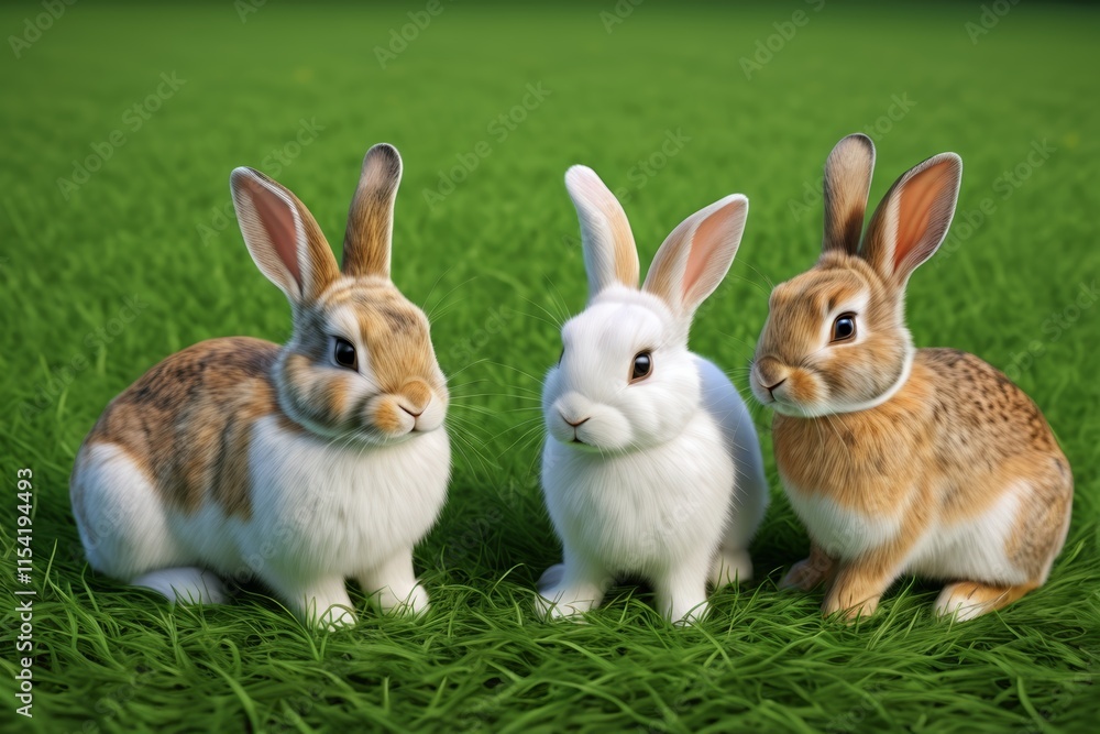 three rabbits sitting in the grass with one looking at the camera three rabbits sitting in the grass with one looking at the camera
